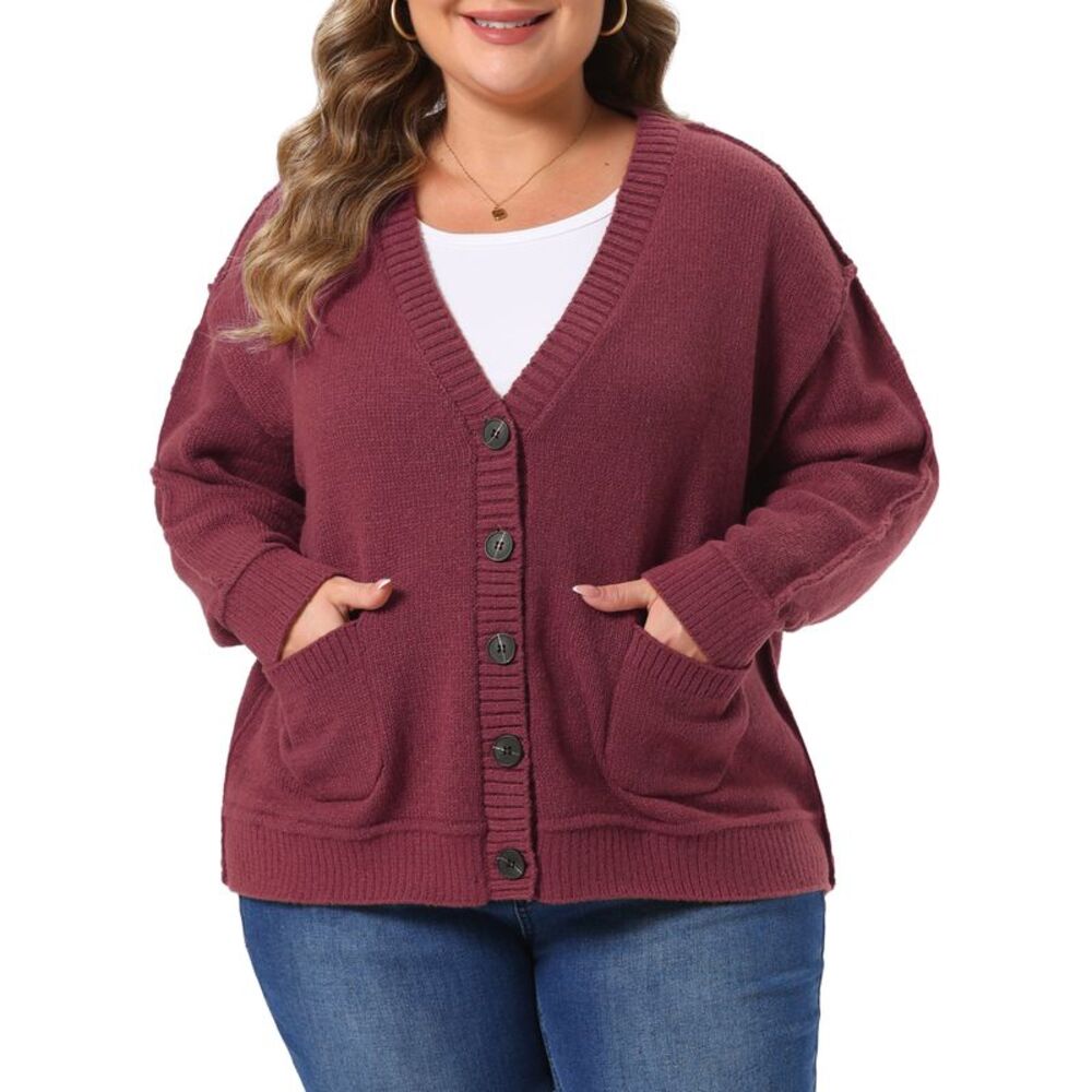 Women Plus Size Open Front Button Winter Sweater Cardigans Burgundy